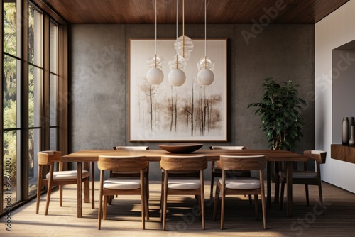 Spacious luxurious penthouse hotel moody modern industrial interior kitchen dining room with organic wood furniture and art with designer light fixture
