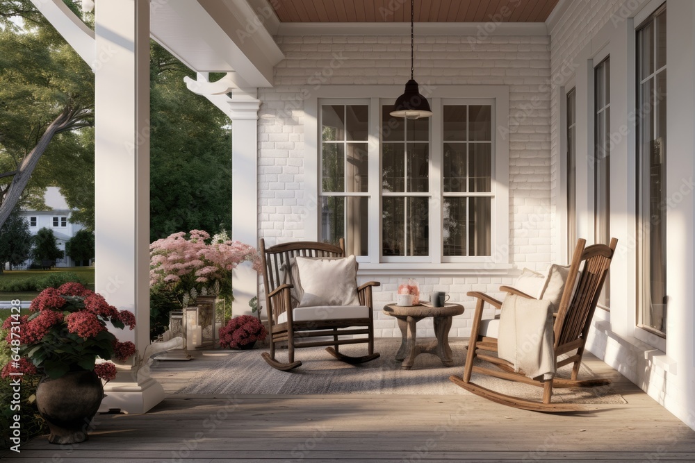 Fototapeta premium Charming Southern Farmhouse White Front Porch with Wood Rocking Chairs and Rustic Flooring in Residential Neighborhood