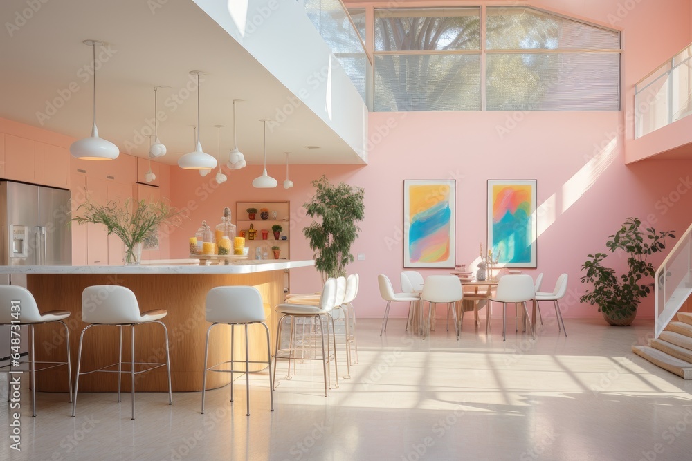 Colorful playful pastel pink and blue kitchen interior with organic wood and marble countertops minimal modern art suite loft with island and natural sunny light