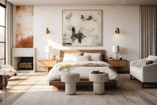Zen organic calm japandi mid century modern minimal bedroom interior with wood designer furniture and art and white soft bedding