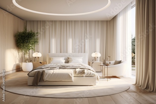 Architectural Modern Allure White Bedroom Interior with Floor to Ceiling Blackout Curtains with Indoor Tree and Contemporary Table Lamps