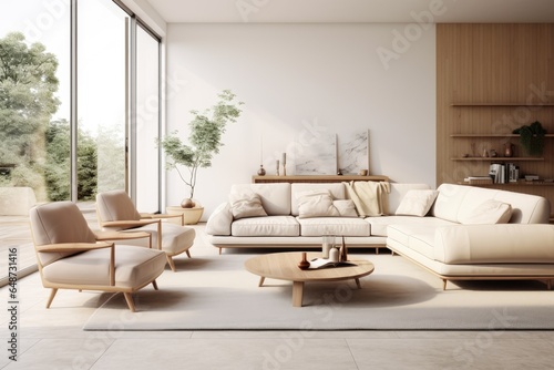 Japandi Zen Modern White Living Room Interior with Wood Accent Wall and Floating Shelves. Linen Sofa and Double Lounge Chairs Next to Modern Windows