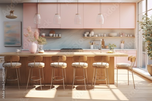 Colorful playful pastel pink and blue kitchen interior with organic wood and marble countertops minimal modern art suite loft with island and natural sunny light