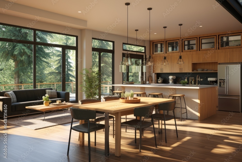beautiful bright mid century modern mcm open concept living room interior with wrap around windows nature fall views with sunlight lived in professionally styled beautiful bright mid century modern mcm open concept living room interior with wrap around windows nature fall views with sunlight lived in professionally styled