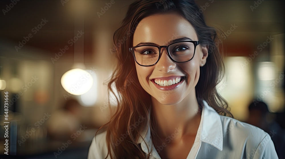 Beautiful woman, businessman Happy person wearing glasses and looking at camera Closeup of smiling woman's face successful woman Beautiful woman, businessman Happy person wearing glasses and looking at camera Closeup of smiling woman's face successful woman