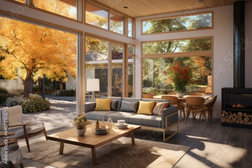 beautiful bright mid century modern mcm open concept living room interior with wrap around windows nature fall views with sunlight lived in professionally styled © Christian