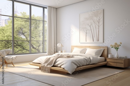 Eco Friendly Sustainable Modern Apartment Bedroom Interior with Comfortable White Bedding and Floating Wood Bed Frame with City Nature Views © Bryan