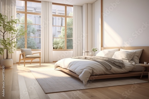 Eco Friendly Sustainable Modern Apartment Bedroom Interior with Comfortable White Bedding and Hardwood Floors with City Views