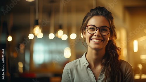 Beautiful woman, businessman Happy person wearing glasses and looking at camera Closeup of smiling woman's face successful woman