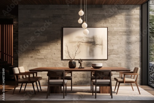 Fototapeta Concrete Modern Grey Stone Accent Wall in Dining Room Interior with Wood Sustain