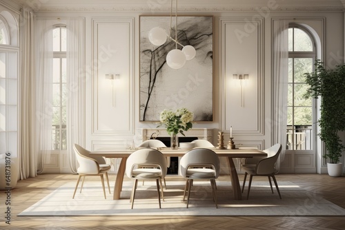 Parisian Modern Dining Room Interior with Serene Dining Table with White Chairs and Luxury Light Fixtures. Arch Windows with Indoor Tree in Corner photo