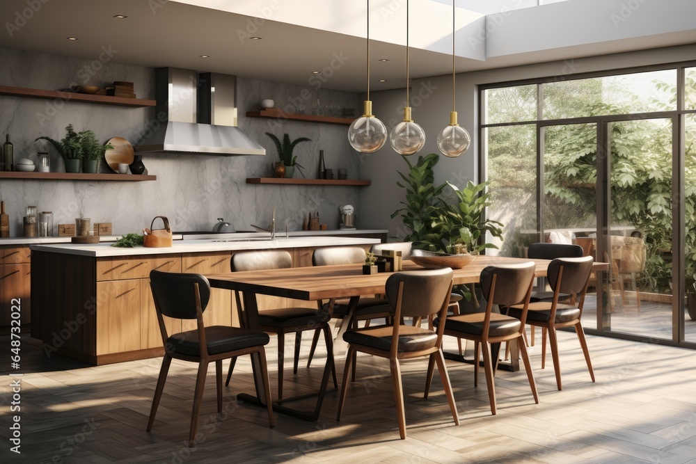 Contemporary Modern Kitchen Interior with Concrete Wall and Natural Wood Dining Table Set with Glass Pendant Lights