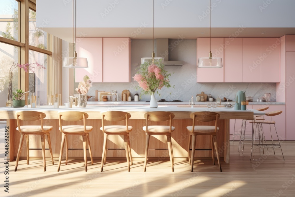 Pink Pastel Modern Masterpiece Kitchen Interior with Flower Arrangement on Counter and Wood Counter Stools