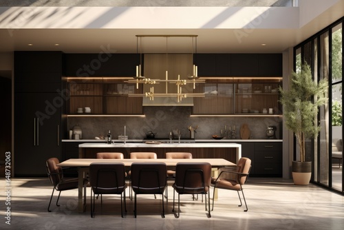 Luxury Oasis Straight on View of Black Kitchen Interior with Floating Shelves and Brass Lighting Fixture