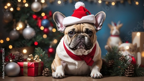 French Bulldog dog wearing funny Snowman hat with top hat in front of seasonal Christmas decoration. © asma