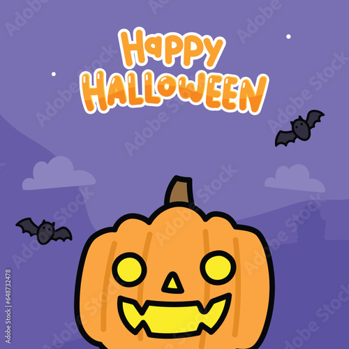 Happy Halloween square banner design background wallpaper with cute doodle Jack o lantern pumpkin and bats purple night sky theme illustration for card sticker and facebook instagram post