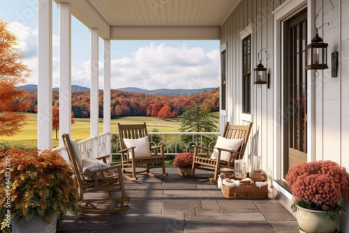 Family Friendly Southern Front Porch in Fall with Rocking Chairs and Rustic Door. Mountain Valley Views and Field