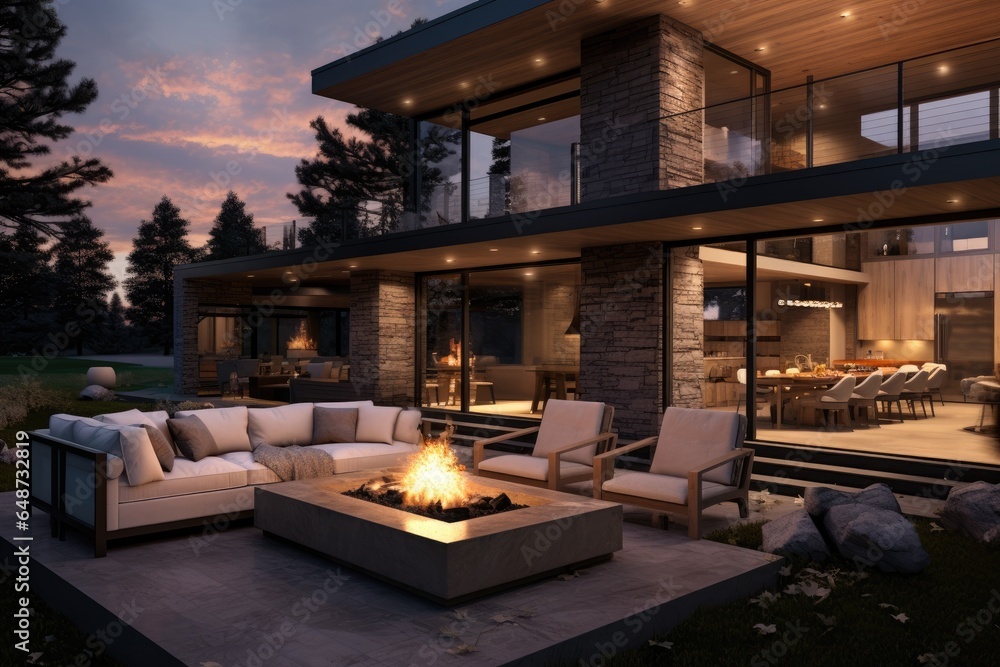 Fototapeta premium Mountain Luxury Exterior of Residential Home with Modern Outdoor Firepit in Fall