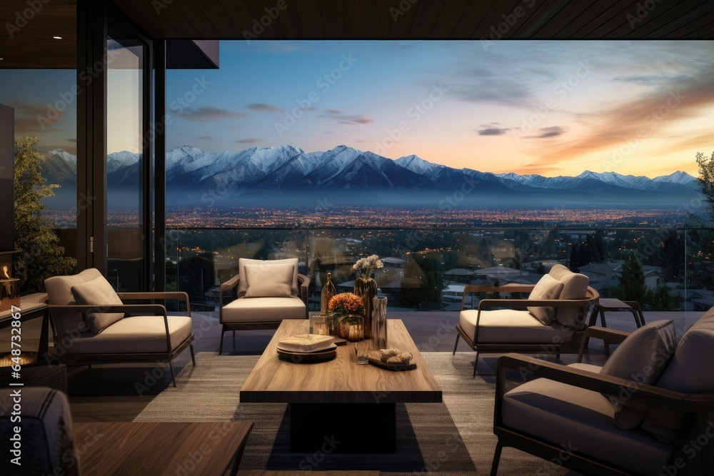Clean Family Room Interior with Modern Accent Chairs on Outdoor Patio Balcony with Mountain Views with City Below