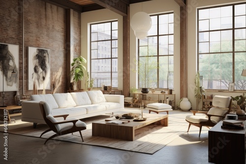 Industrial Modern Loft Interior with Luxury Furniture and Stylish Wall Art and Pendant Lights 