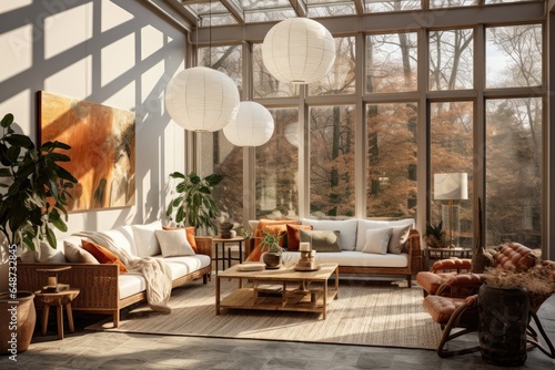 Comfortable Living Room Interior with Boho Design in Fall with Paper Pendant Lights and Indoor Tree in Terracotta Pot with Woven Area Rug photo