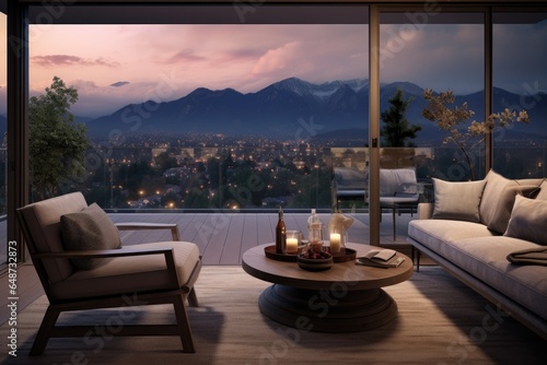 Luxury Living Room Interior with Modern Sofa Design and Mountain Views Overlooking the City Below © Bryan