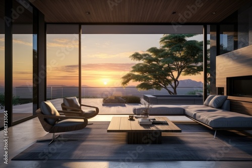 Lounge Chairs in Modern Family Room Interior at Sunset with Outdoor Tree and Large Grey Area Rug
