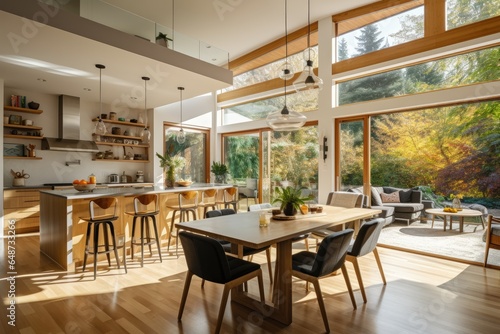Relaxed Fall Dining Room Interior with Hardwood Floors and Open Sliding Doors to Patio 