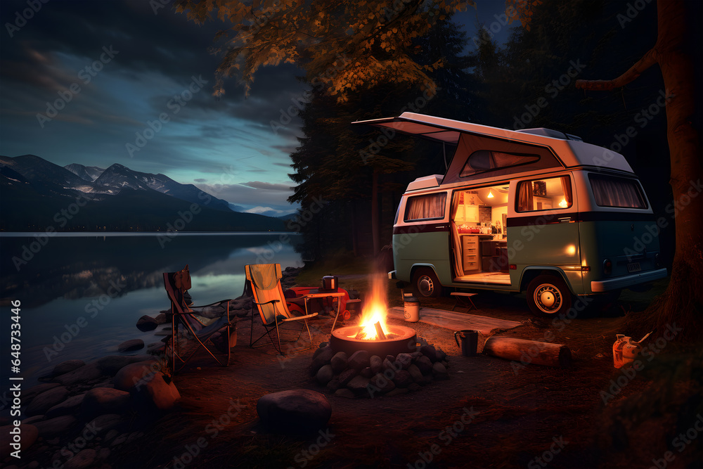 evening at a lakeside where a camper van is parked. A campfire burns brightly nearby, illuminating the peaceful surroundings that include the calm lake and majestic mountains under the colorful twilig evening at a lakeside where a camper van is parked. A campfire burns brightly nearby, illuminating the peaceful surroundings that include the calm lake and majestic mountains under the colorful twilig