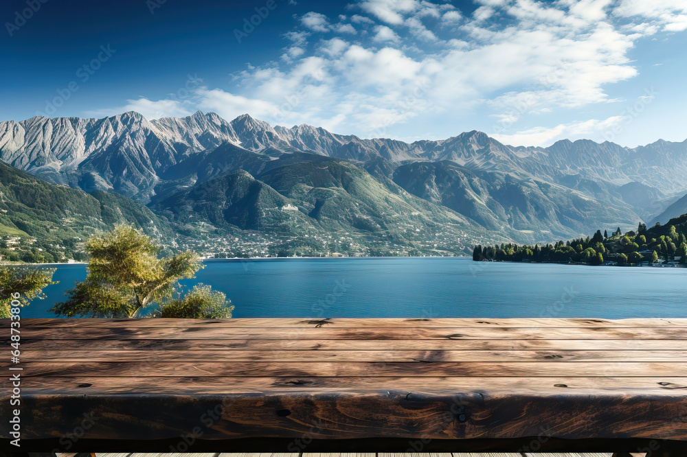 Majestic Mountain Range and Serene River,lake in the mountains and wood table Majestic Mountain Range and Serene River,lake in the mountains and wood table