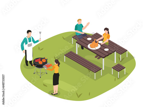Friends having bbq isometric 3d vector concept