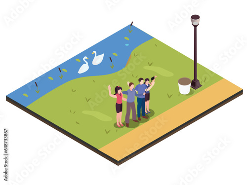 Friends having fun at park isometric 3d vector concept