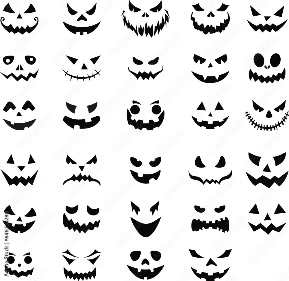 Set of Jack O Lantern pumpkin face. Collection of Halloween pumpkins carved faces silhouettes. Black and white images. Scary and funny faces of Halloween pumpkin or ghost . Vector collection. Set of Jack O Lantern pumpkin face. Collection of Halloween pumpkins carved faces silhouettes. Black and white images. Scary and funny faces of Halloween pumpkin or ghost . Vector collection.