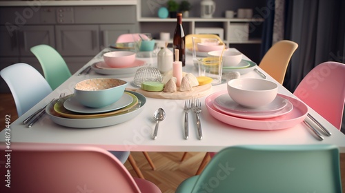 Colorful Dining Table of Interior Featuring a Stylish Table with Multicolored and Bright Accents.