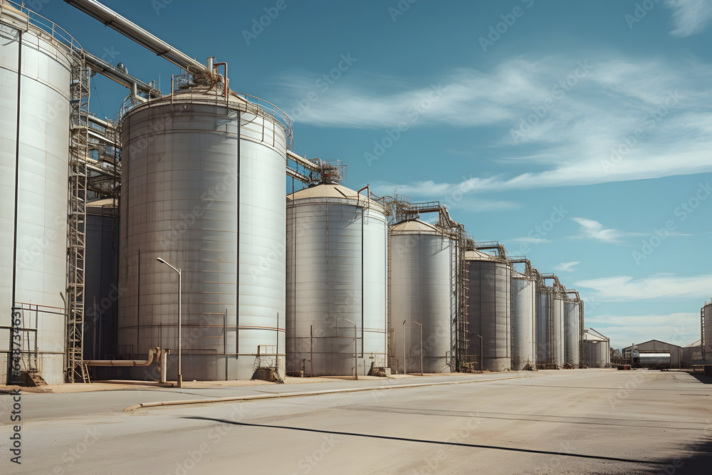 Large Storage Tanks and Silos Standing Tall, Safeguarding Precious Raw Materials within an Industrial Facility Large Storage Tanks and Silos Standing Tall, Safeguarding Precious Raw Materials within an Industrial Facility