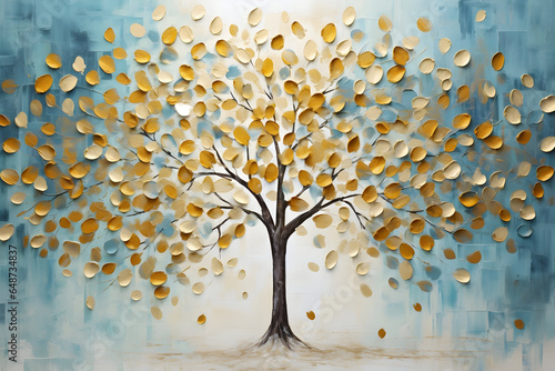 An Abstract Painting with Vibrant Yellow and Blue Tones, Depicting Colorful Leaves Evolving into a Tree of Life. Dark Gold and Aquamarine Hues Create an Earthy and Eco-Friendly Palette in this Texture