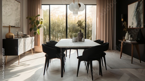Dining Room of Furniture Design Featuring a Contemporary Dining Space with Marble Table and Black Chairs an Enhanced by Muted Colors and Natural Light.