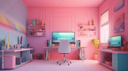  Gaming Room with Pastel and Multicolored  Bright Accents A Cute and Fashionable Space for Gaming Enthusiasts.