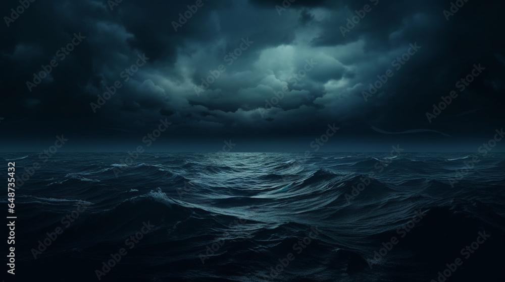 Storm with dark clouds at night over the water of the ocean with waves. Epic historical scenario for a maritime wallpaper. Landscape for brave sea adventures.