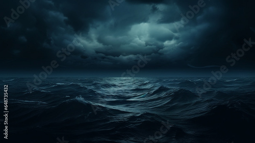Storm with dark clouds at night over the water of the ocean with waves. Epic historical scenario for a maritime wallpaper. Landscape for brave sea adventures.