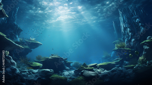 An underwater scene with marine fauna and flora, a clear blue water, and the surface seen from below where beams of sunlight filter. A beautiful blank sea landscape for the background of a wallpaper © Domingo
