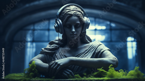 A marble statue of a classical DJ girl, wearing headphones and playing music on a mossy surface. A creative and original image that combines ancient art and modern technology. 