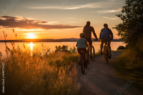 children and parents cycling on the beach in the afternoon, beautiful sunset view photo