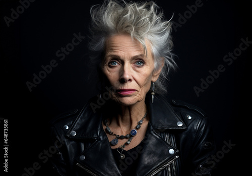 An old woman with spiky white hair and a modern look: leather jacket, makeup and a young rocker or punk attitude, isolated on the black background of a photo studio. A image of aging with style.