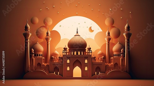 Background of happy ramadan kareem illustration of abstract paper cut mosque  crescent  AI generated.