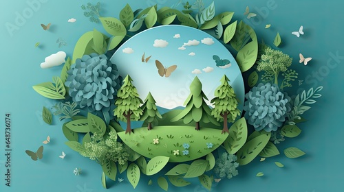 Background illustrations of paper cut signs and symbols to save planet earth, World environment day. AI generated background. #648736074