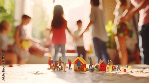 Group of children playing with toys at home, focus on toy house