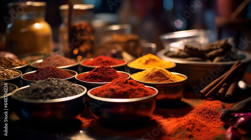 A colorful display of various spices in an oriental bazaar. The photo shows different types of spices, such as turmeric, paprika, cumin, and cinnamon, arranged in piles or jars. © Domingo