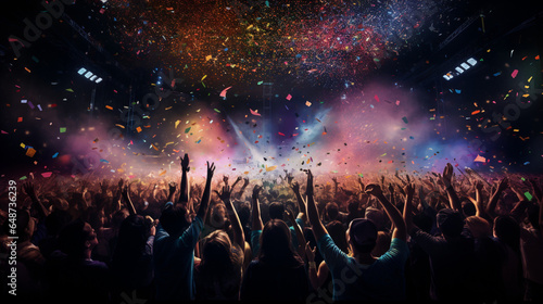 A festive party scene of a large crowd enjoying a night club party with colorful lights from the stage, smoke and confetti. Silhouettes of people dancing and cheering.