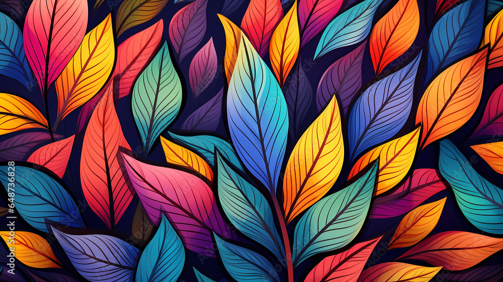 Hand drawn cartoon beautiful colorful gradient plant leaves background pattern
